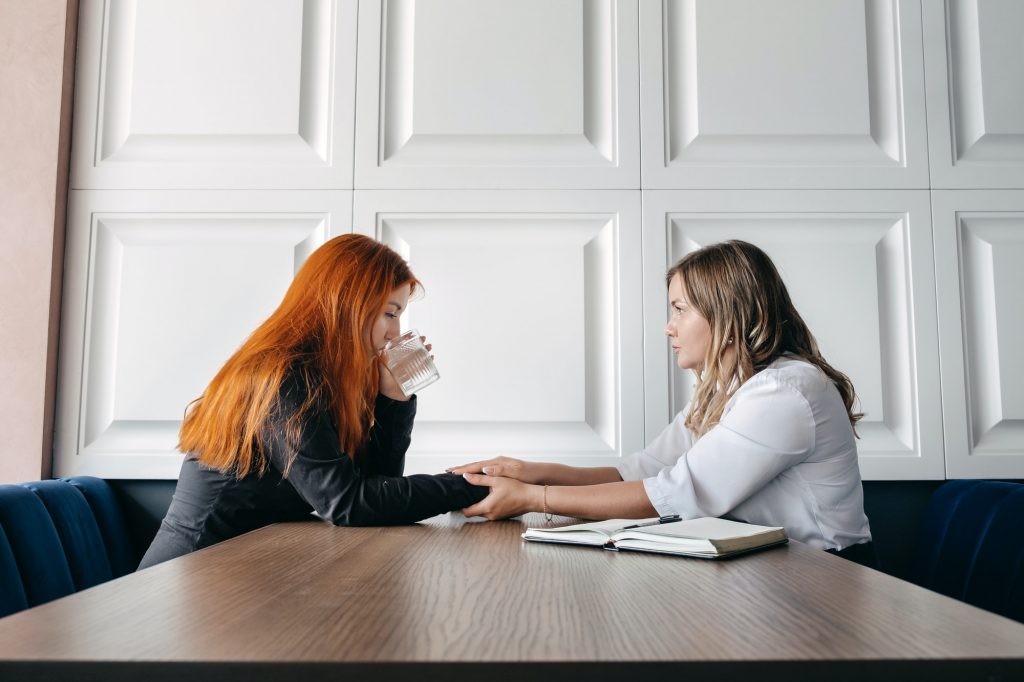 Mental health concept. Communication session of woman psychologist and client. Psychotherapy or talk